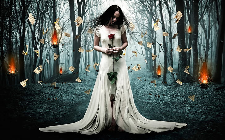 Creative design, burned paper, white dress girl, forest, trees, fire