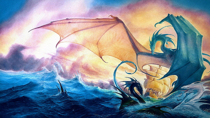 dragon on sea painting, fantasy art, art and craft, creativity
