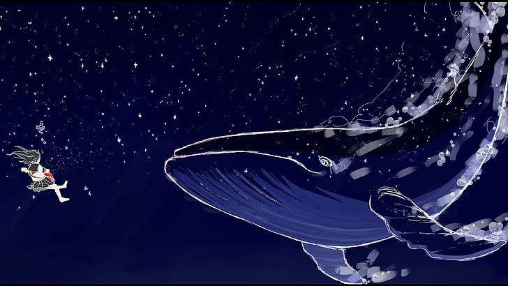 illustration of whale, stars, underwater, night, star - space, HD wallpaper