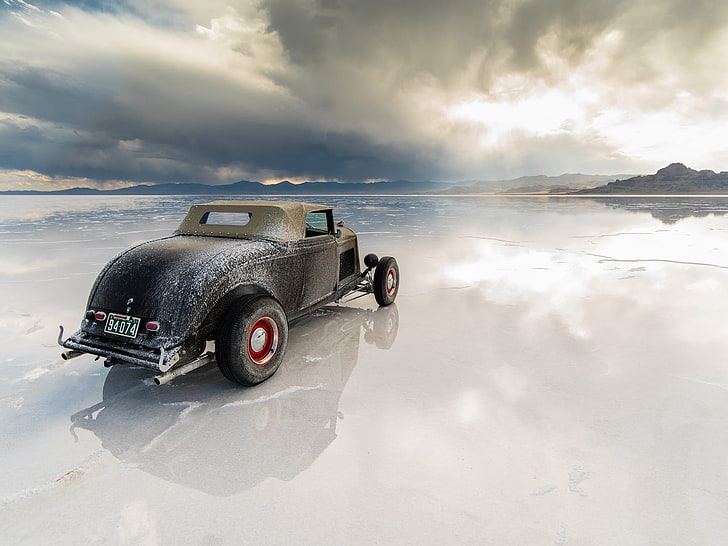 vintage black car, landscape, reflection, mountains, Hot Rod
