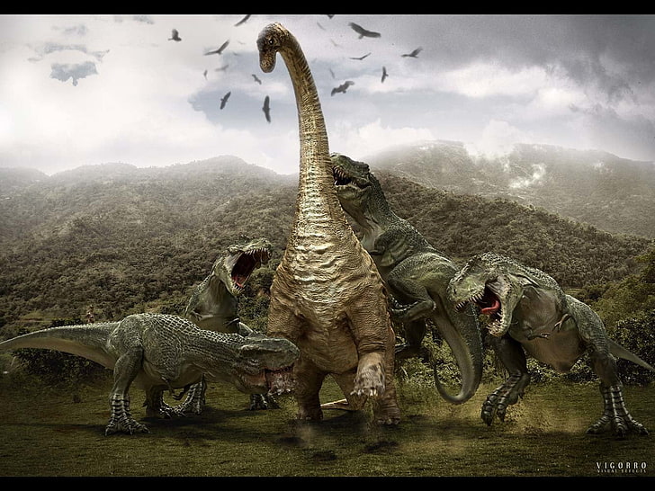 four T-rex dinosaurs, Animal, extinct, paleontology, reptile