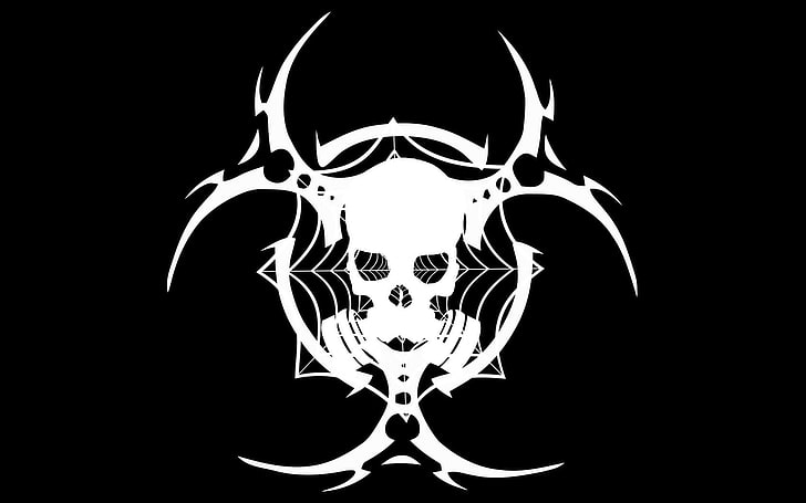 hazzard logo, minimalism, skull, gas masks, biohazard, black background