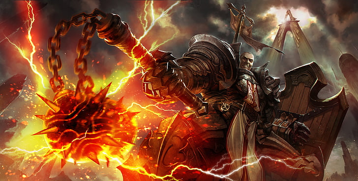 male character holding shield and flail graphic wallpaper, Diablo III