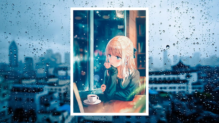 Hd Wallpaper Anime Girl Window Raining Coffee Blonde Rain