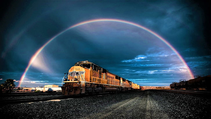 rainbow, train, darkness, rail transport, sky, tracks, meteorological phenomenon