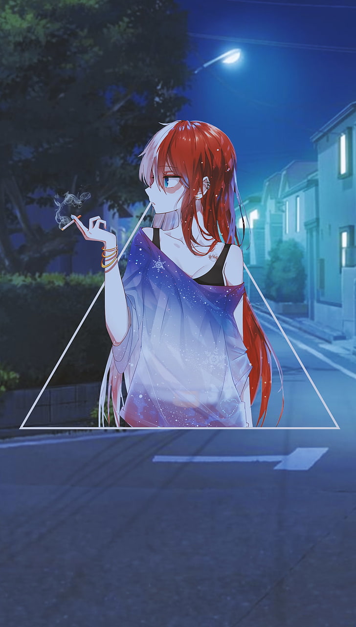 anime, anime girls, picture-in-picture, smoking, night, urban