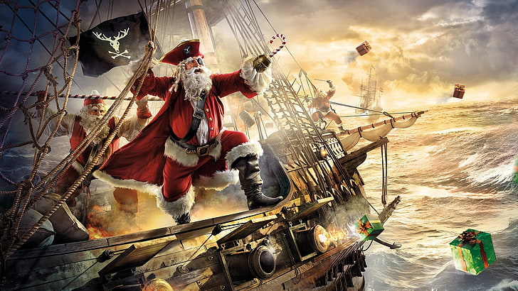 brown pirate ship illustration, Noel , boat, presents, santa