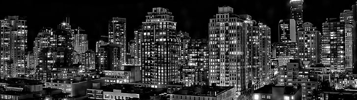 grayscale photo of high rise building, skyline, cityscape, night, HD wallpaper