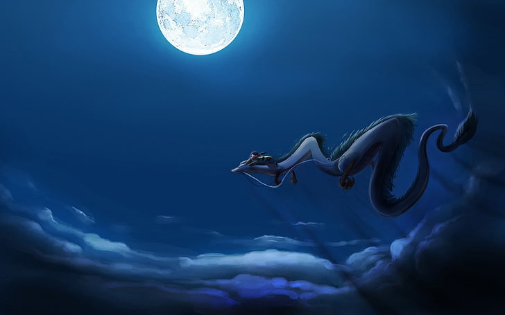 cartoons hayao miyazaki movies dragons night spirited away moon anime skyscapes 2304x1440 wallpap Space Moons HD Art