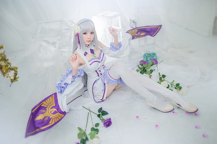 white, purple, chest, look, girl, flowers, face, pose, room