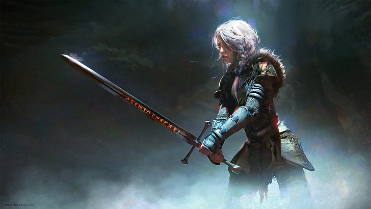 Ciri from Witcher, woman holding sword digital wallpaper, women