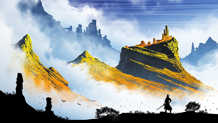 green mountain range digital wallpaper, artwork, illustration