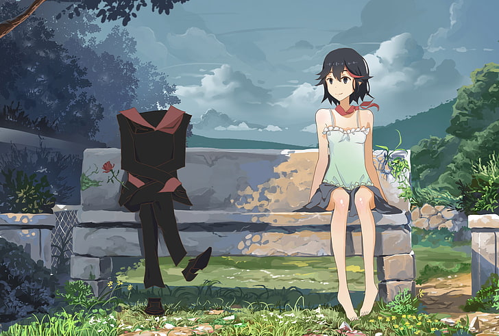 black-haired woman sitting on bench illustration, anime, Kill la Kill, HD wallpaper