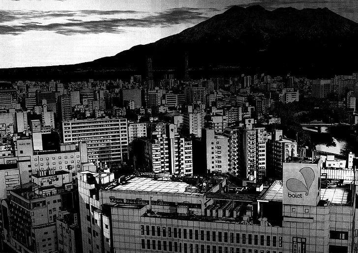 oyasumi punpun cityscape dark monochrome, architecture, building exterior