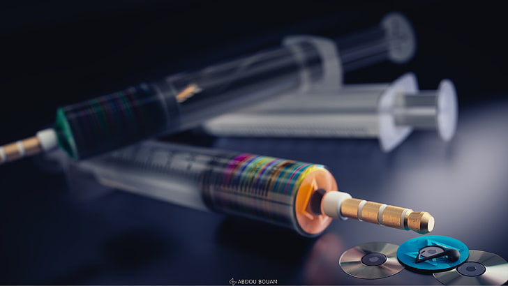three assorted-color syringes, 3D, compact disc, medical supplies, HD wallpaper