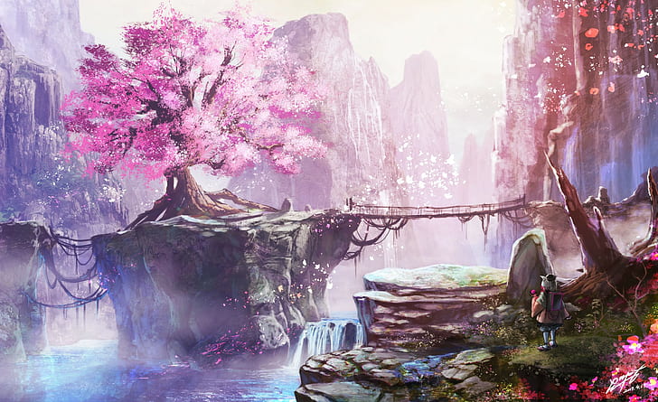 nature, bridge, anime girls, waterfall, fantasy art, cherry blossom, HD wallpaper