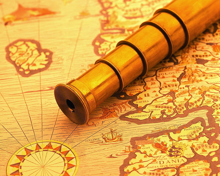 brown spyglass, map, table, indoors, no people, high angle view, HD wallpaper