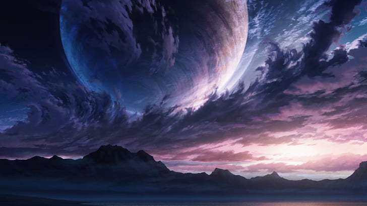 Cataclysm, clouds, mountains, planet, Apophysis, shelter video, HD wallpaper