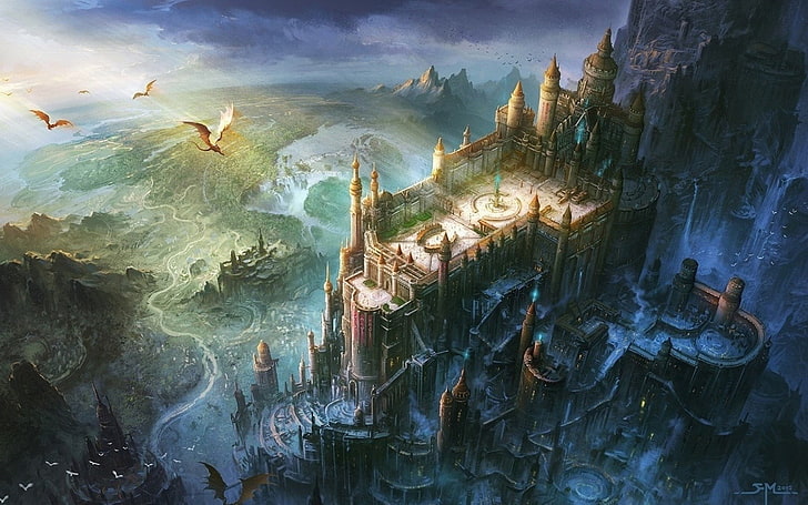 castle wallpaper, dragon, artwork, digital art, Minas Tirith