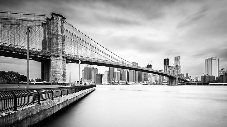 Brooklyn Bridge Bridge Buildings Skyscrapers New York River BW HD, HD wallpaper