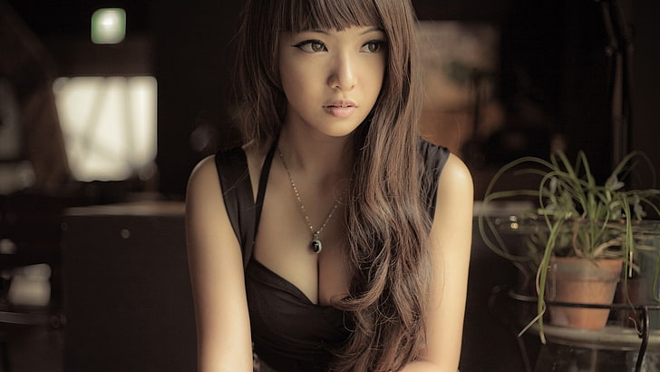women's black sleeveless top, model, cleavage, brunette, Asian, HD wallpaper