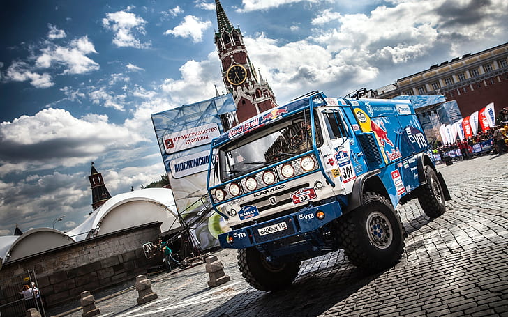 Kamaz truck, Dakar Rally, Moscow, Sky Clouds, red bull truck