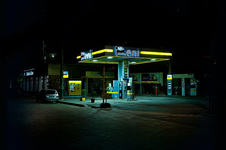 gas stations, urban, night, car, street light, neon lights, HD wallpaper