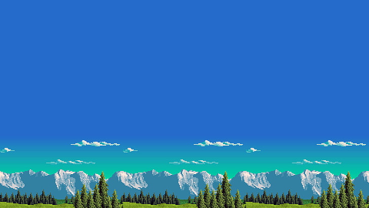 mountains and trees painting, pixel art, 8-bit, retro games, nature