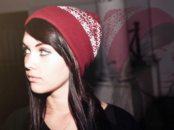 women's red and white knit cap, Melissa Clarke, model, looking away