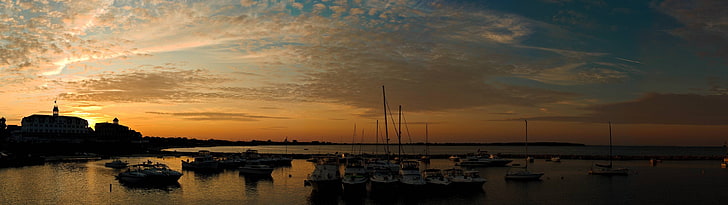 gray boat, landscape, sky, clouds, horizon, water, sunset, nautical vessel, HD wallpaper