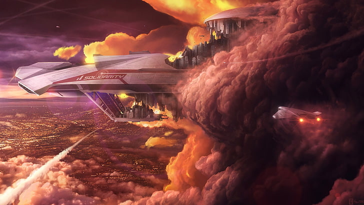 gray and red space ship graphics, artwork, concept art, fantasy art, HD wallpaper