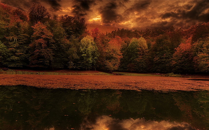nature, landscape, lake, leaves, forest, fall, sunset, sky, HD wallpaper