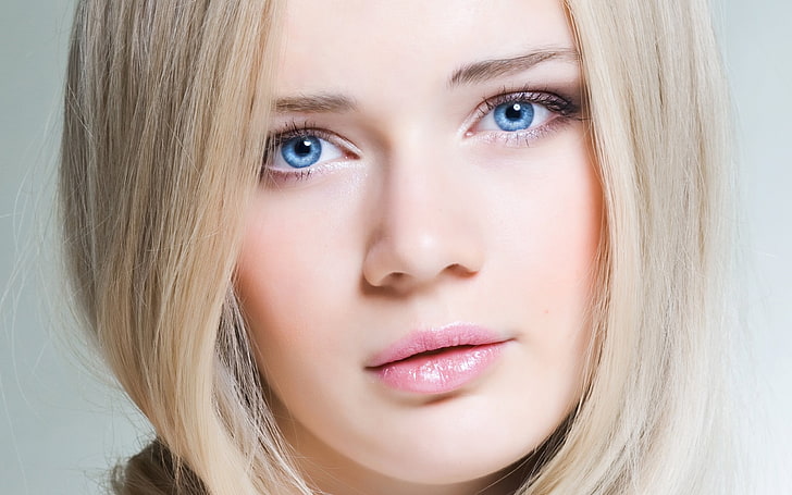 women's pink lipstick, blonde, face, blue eyes, light pink, simple background