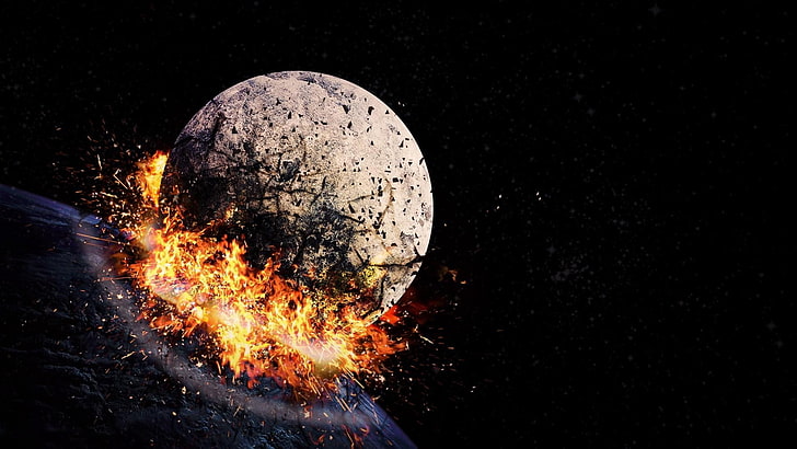 exploding moon illustration, space, hit, explosion, blast, fragments