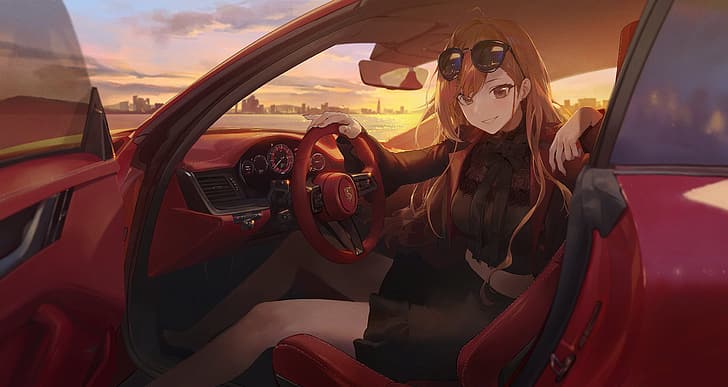 anime girls, red cars, original characters, Mossi (artist), HD wallpaper