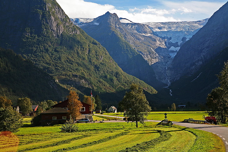 green leafed trees, road, mountains, Norway, Sogn og Fjordane