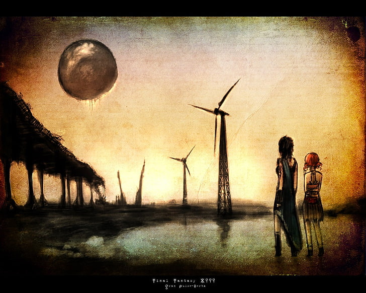 painting of two woman and man standing beside wind mill, Final Fantasy XIII, HD wallpaper