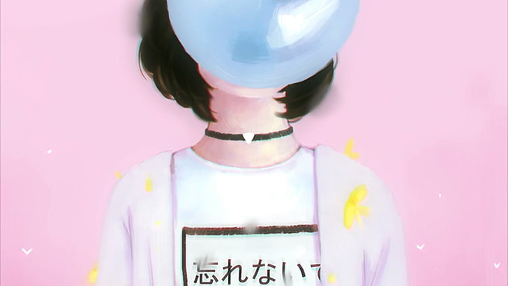 anime art, balloon, pink, anime girl, one person, headshot