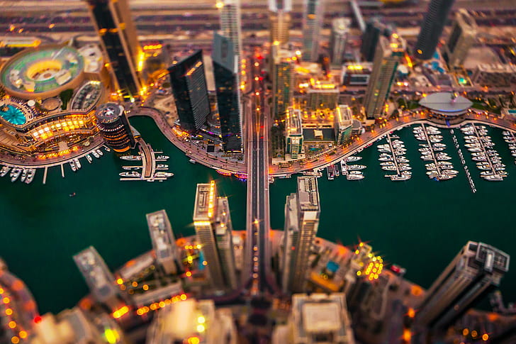 Dubai Marina, boats, diorama city display, lights, evening, buildings