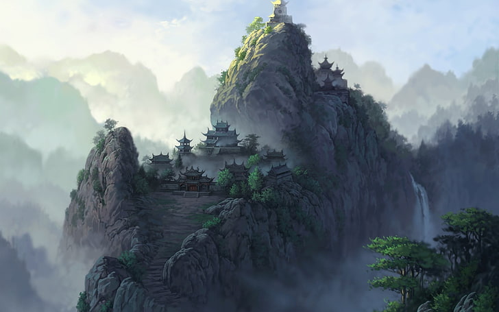pagoda themed wallpaper, gray and green cliff game application