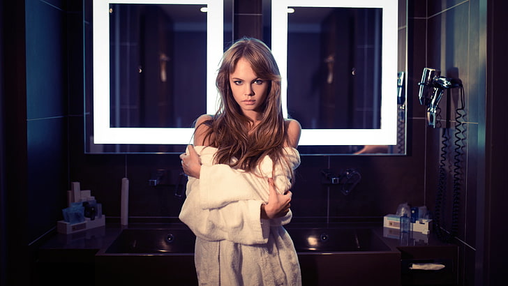 Anastasia Scheglova, model, mirror, bathroom, women, bathrobes, HD wallpaper