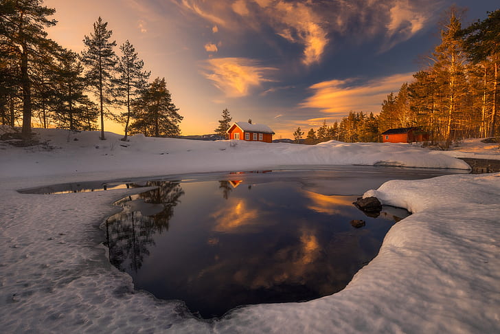 winter, the sun, snow, house, river, Ole Henrik Skjelstad, HD wallpaper