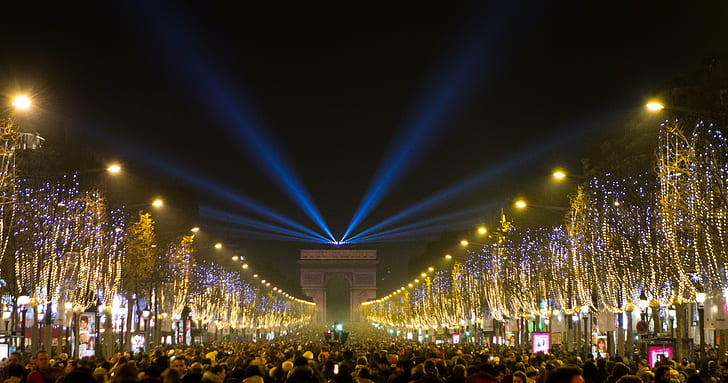 people gathering at Arc De Triomphe during nighttime, paris, paris