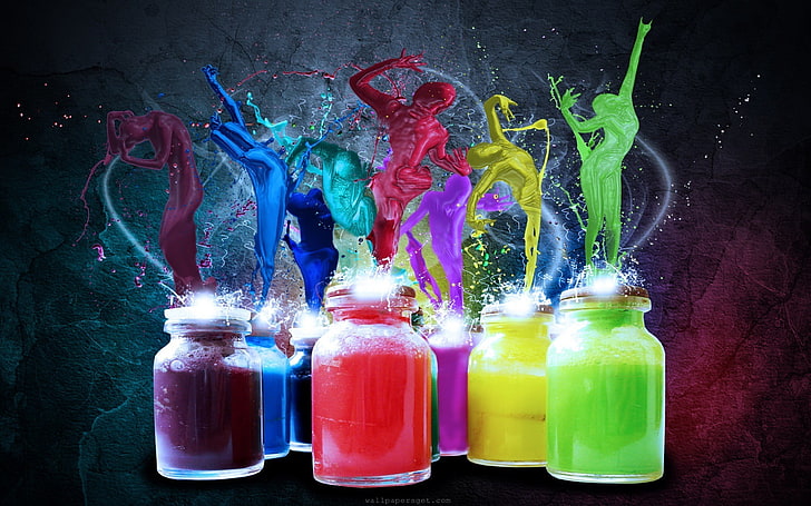 different colors of splash paints, colorful, paint splatter, digital art