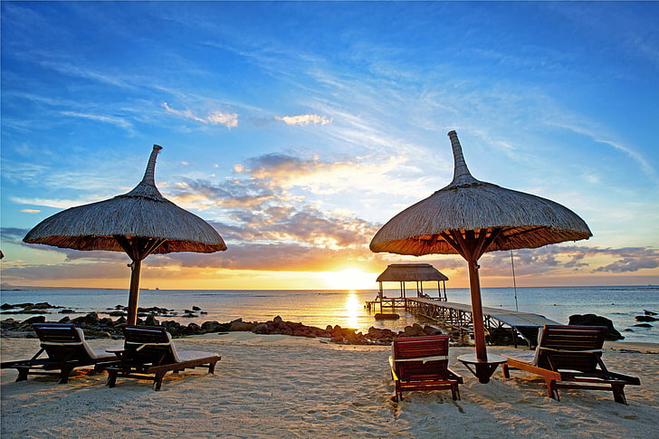 two brown lounge chairs, sand, sea, beach, sunset, tropics, palm trees