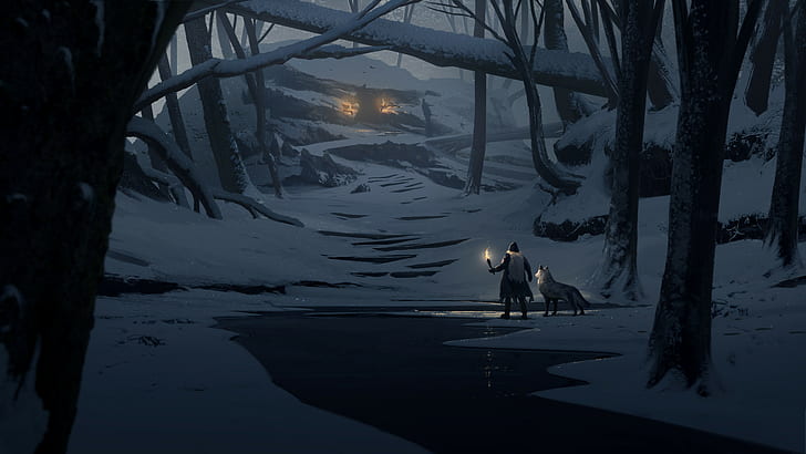 environment, torches, adventurers, wolf, forest, snow, lights