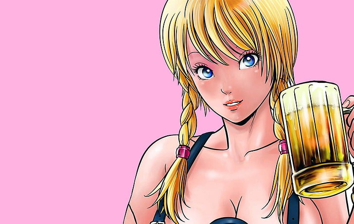 yellow-haired girl cartoon character, anime, beer, beauty, beautiful woman