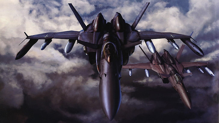 two black and gray fighter jets, military, Macross, military aircraft