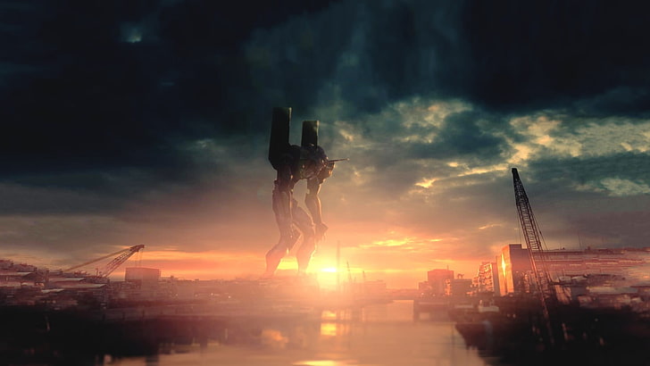 robot illustration, sci-fi movie scene, EVA Unit 01, Neon Genesis Evangelion