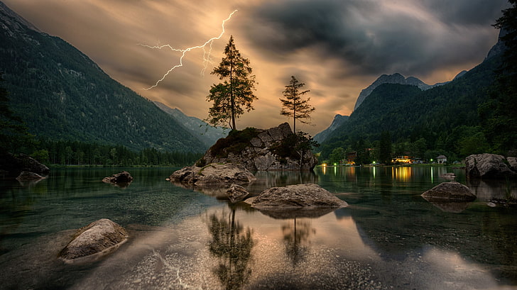 gray rock, trees, water, clouds, lightning, nature, forest, Slovenia, HD wallpaper